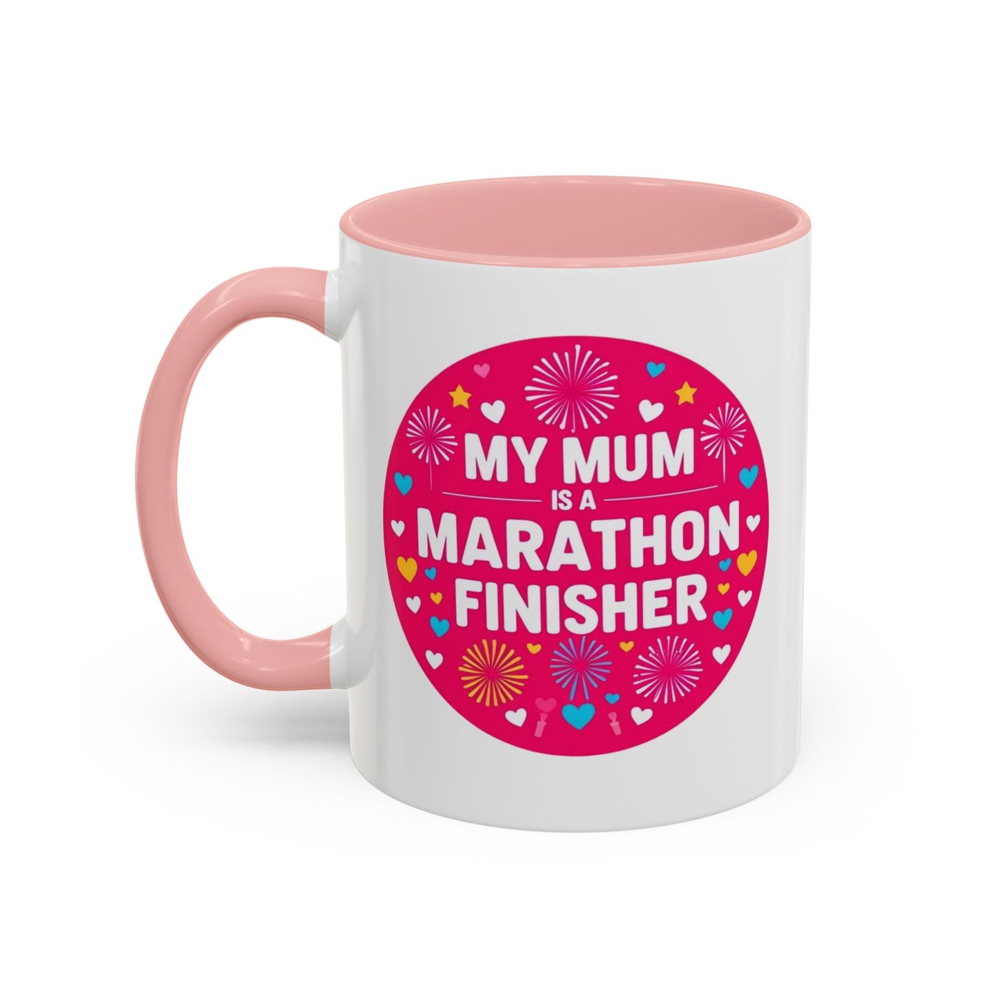 "White ceramic mug with 'Marathon Finisher Mum' text celebrating running mothers"