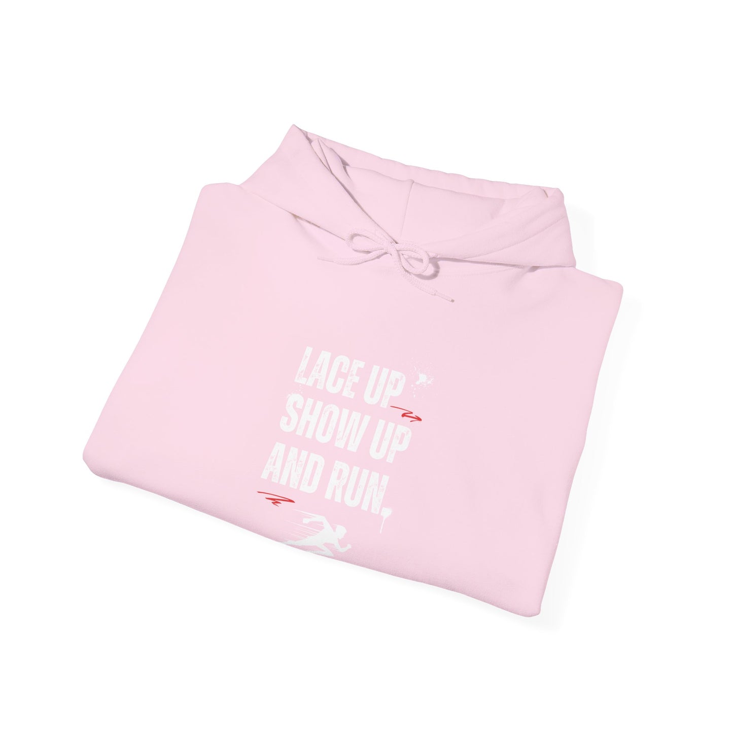 "Unisex heavy blend hoodie with motivational running text for athletes - pink" folded view