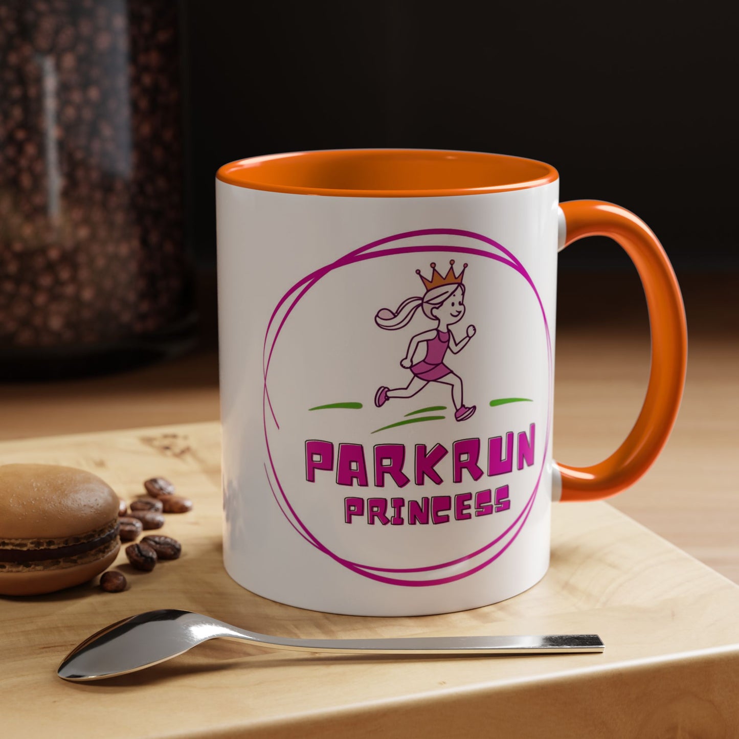 "Parkrun Princess mug displayed with coffee showing full design and text"