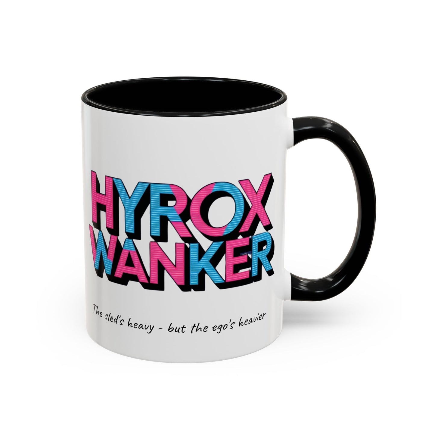 "White / black ceramic mug with humorous HYROX training text about heavy sleds and egos"