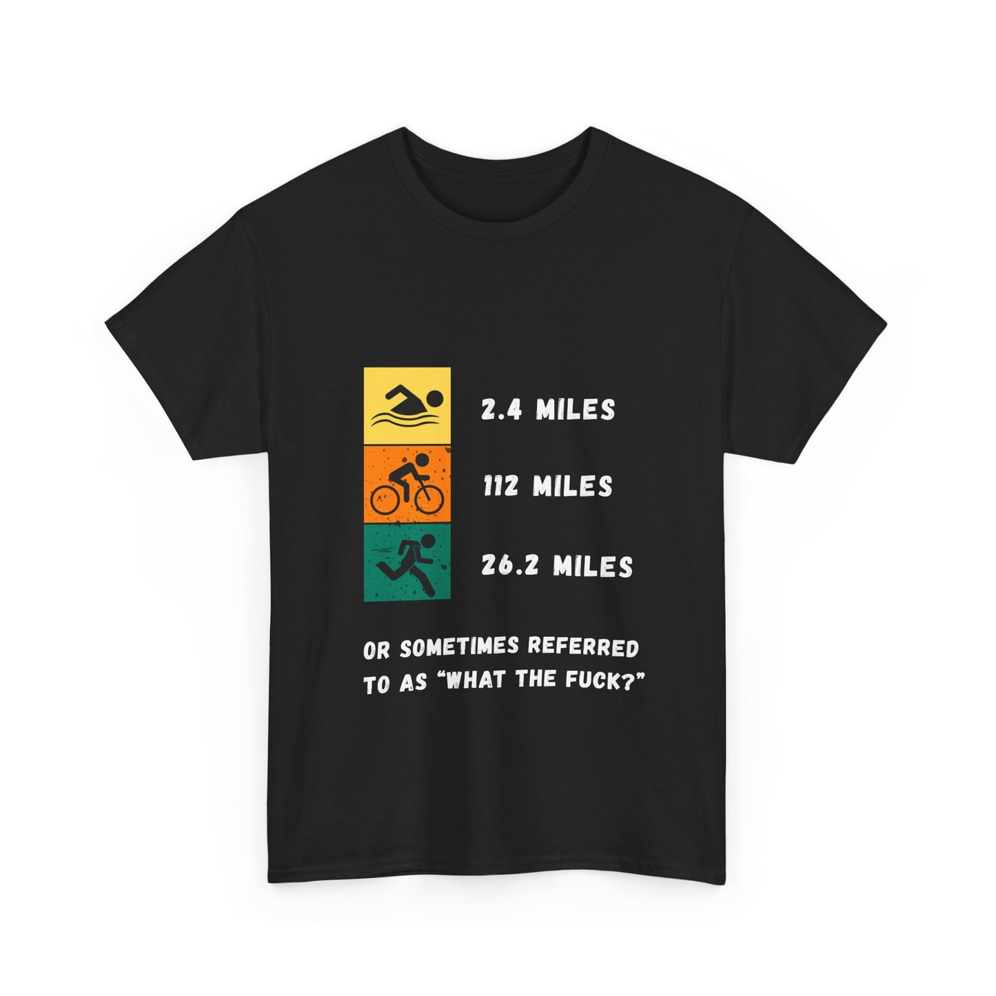 "Triathlon t-shirt with humorous 'WTF' text about Ironman distances - black"