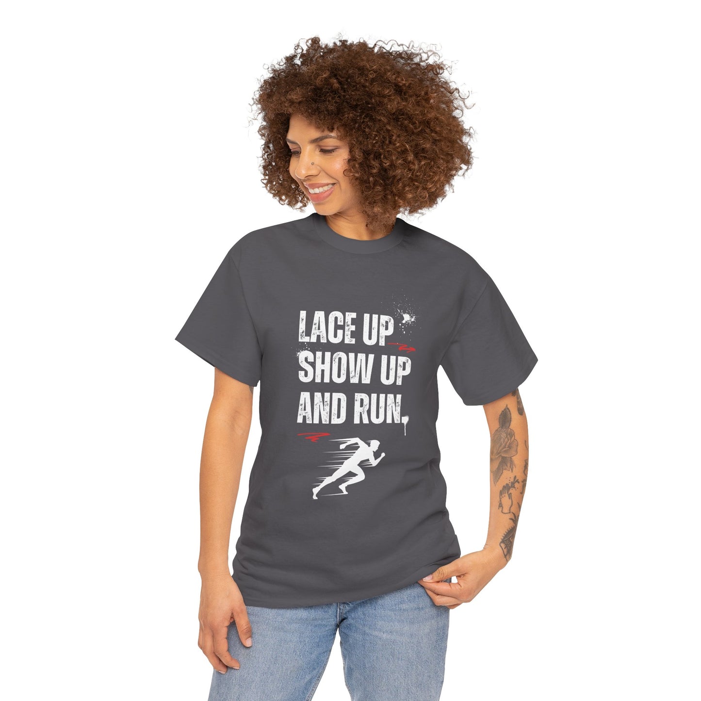 "Unisex classic fit t-shirt with 'Lace Up Show Up and Run' motivational text"
