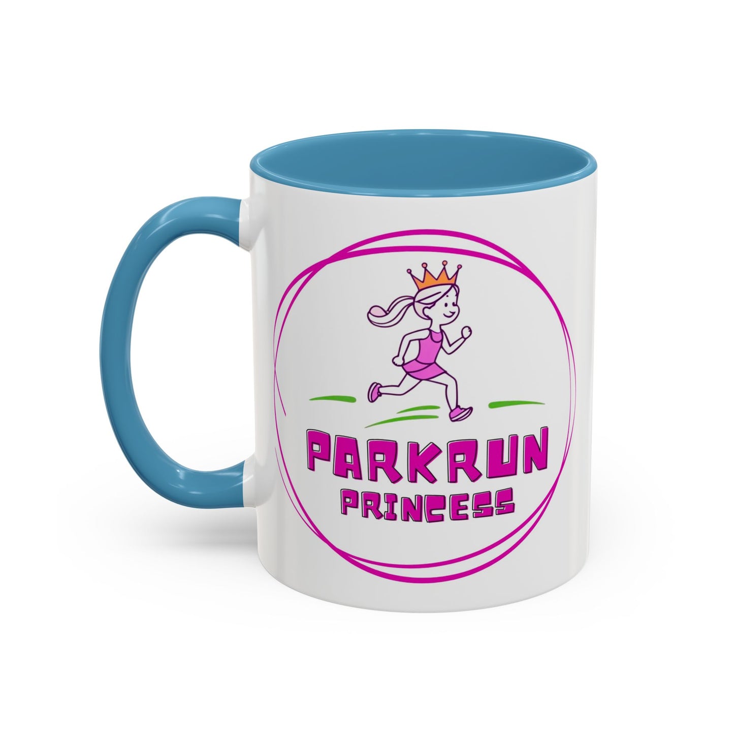 "White ceramic mug with 'Parkrun Princess' text design for running enthusiasts"