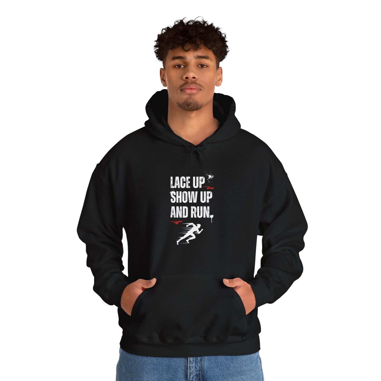 "Unisex heavy blend hoodie with motivational running text for athletes