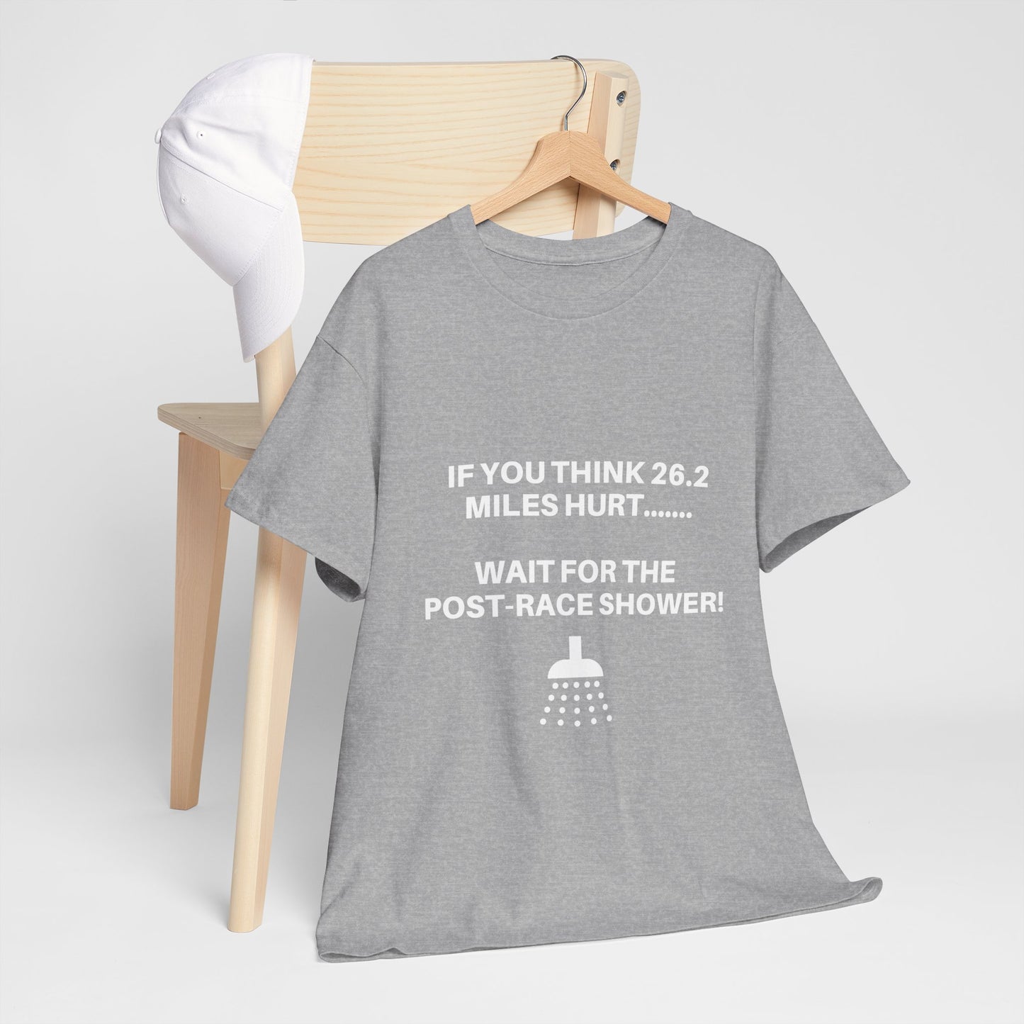 "Cotton tee featuring funny post-marathon shower warning"