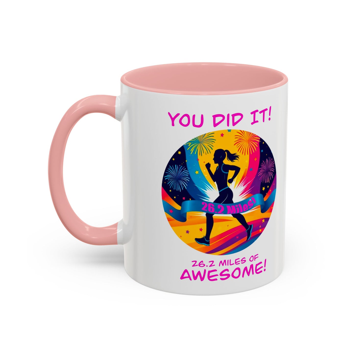 Pink white contrast Marathon finisher coffee mug with inspirational finish line design"