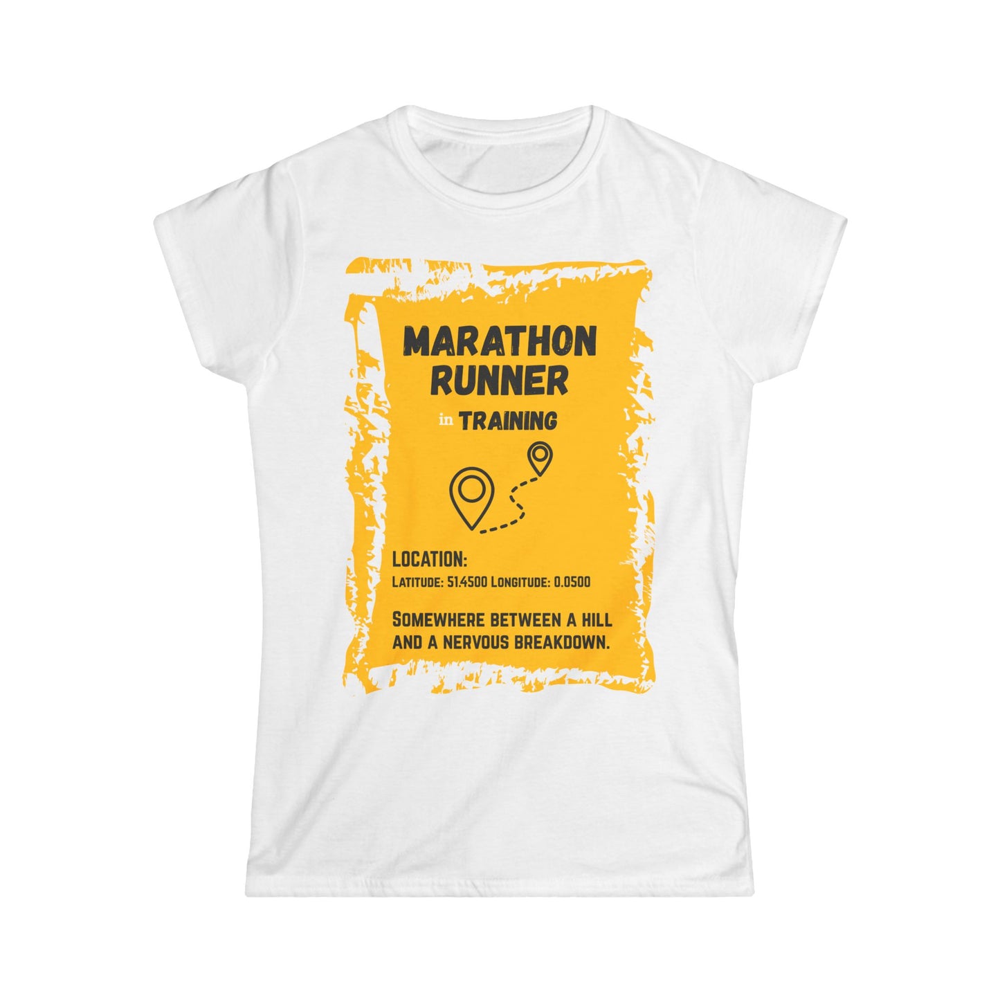 "T-shirt displaying marathon runner's training journey between hills and breakdowns"