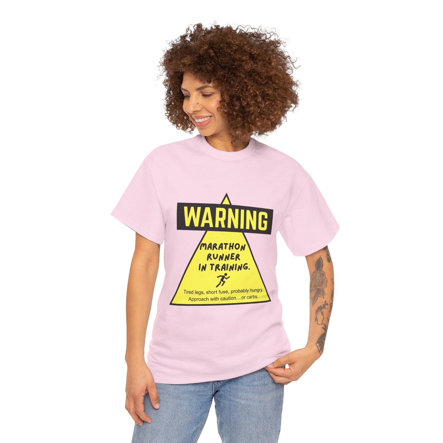 "Unisex t-shirt with warning text about marathon runner in training - tired legs, short fuse, probably hungry"