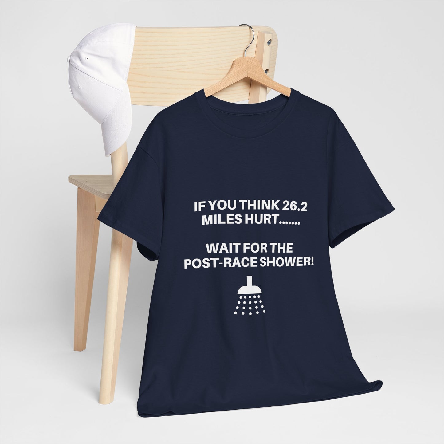 "Cotton tee featuring funny post-marathon shower warning"