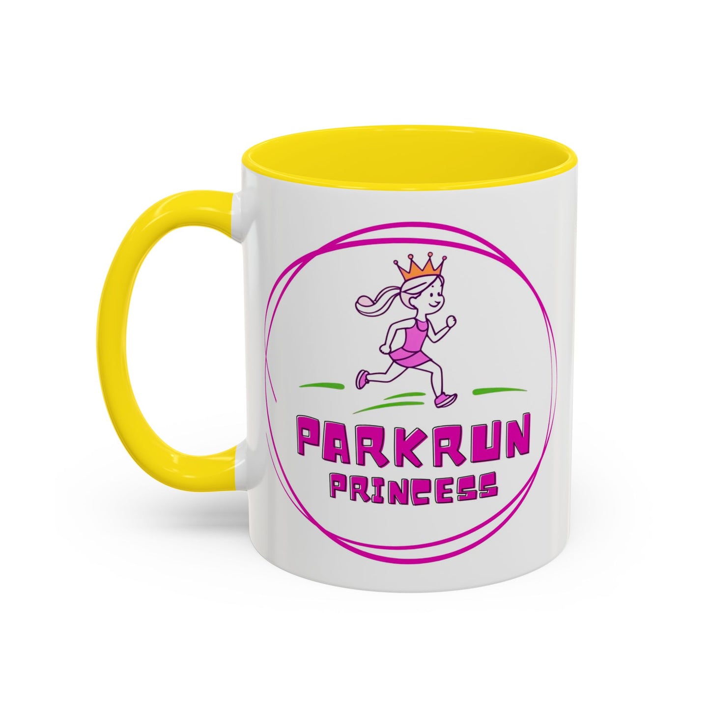 "White ceramic mug with 'Parkrun Princess' text design for running enthusiasts"
