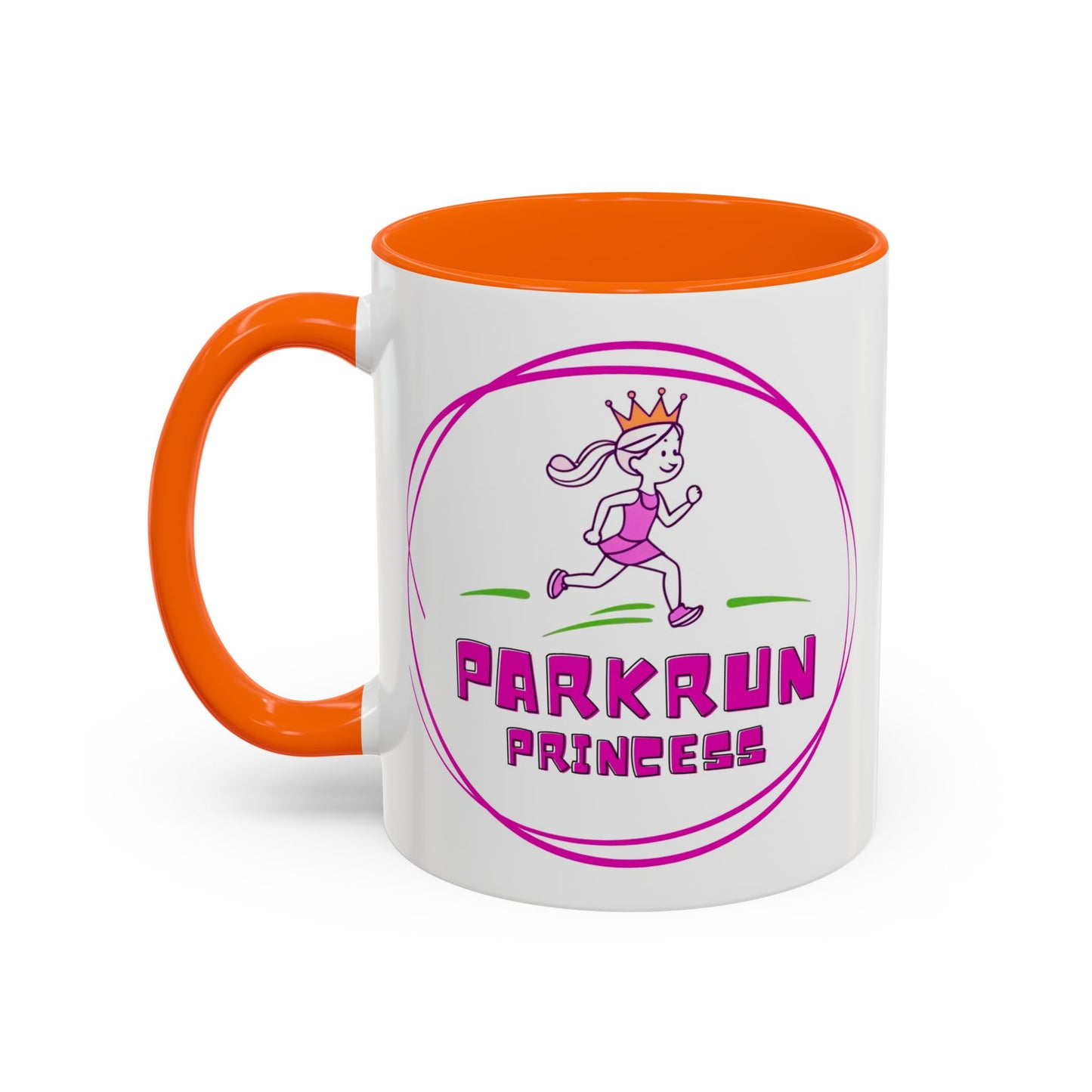 "White ceramic mug with 'Parkrun Princess' text design for running enthusiasts"