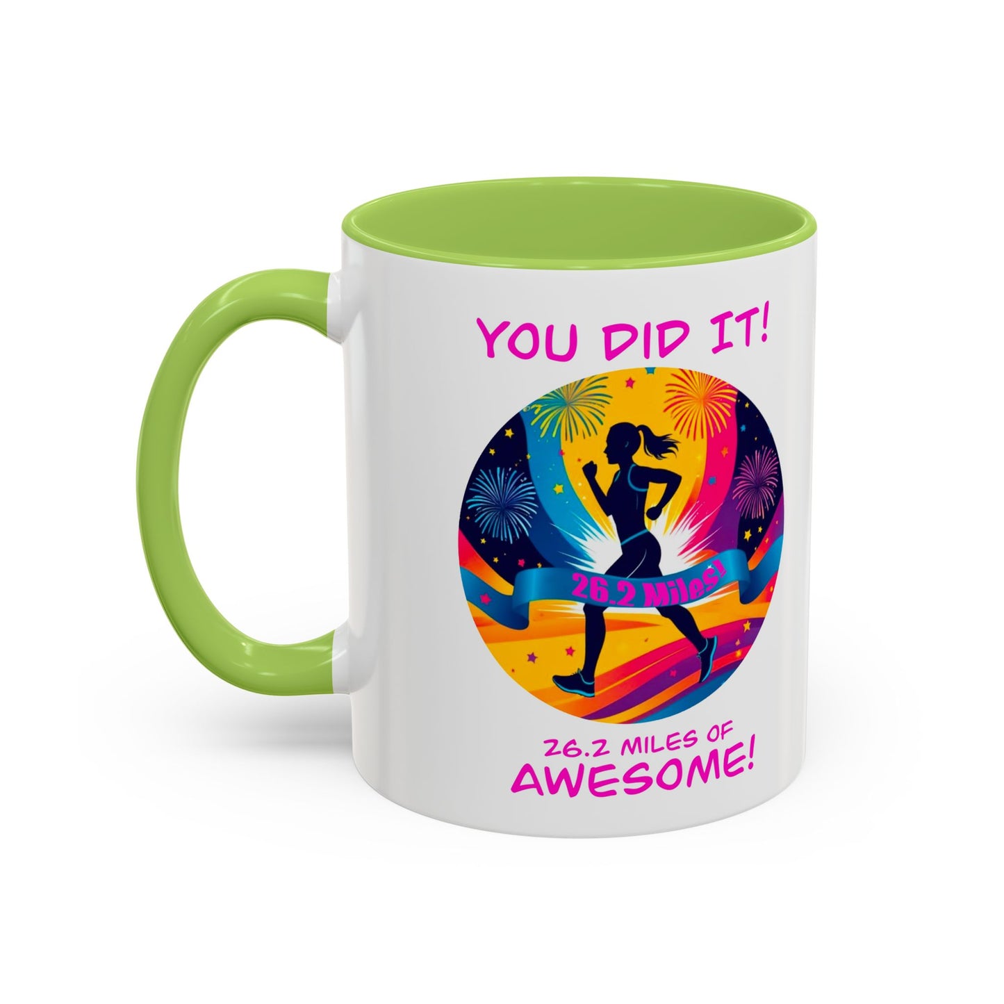 Green / white contrast Marathon finisher coffee mug with inspirational finish line design"