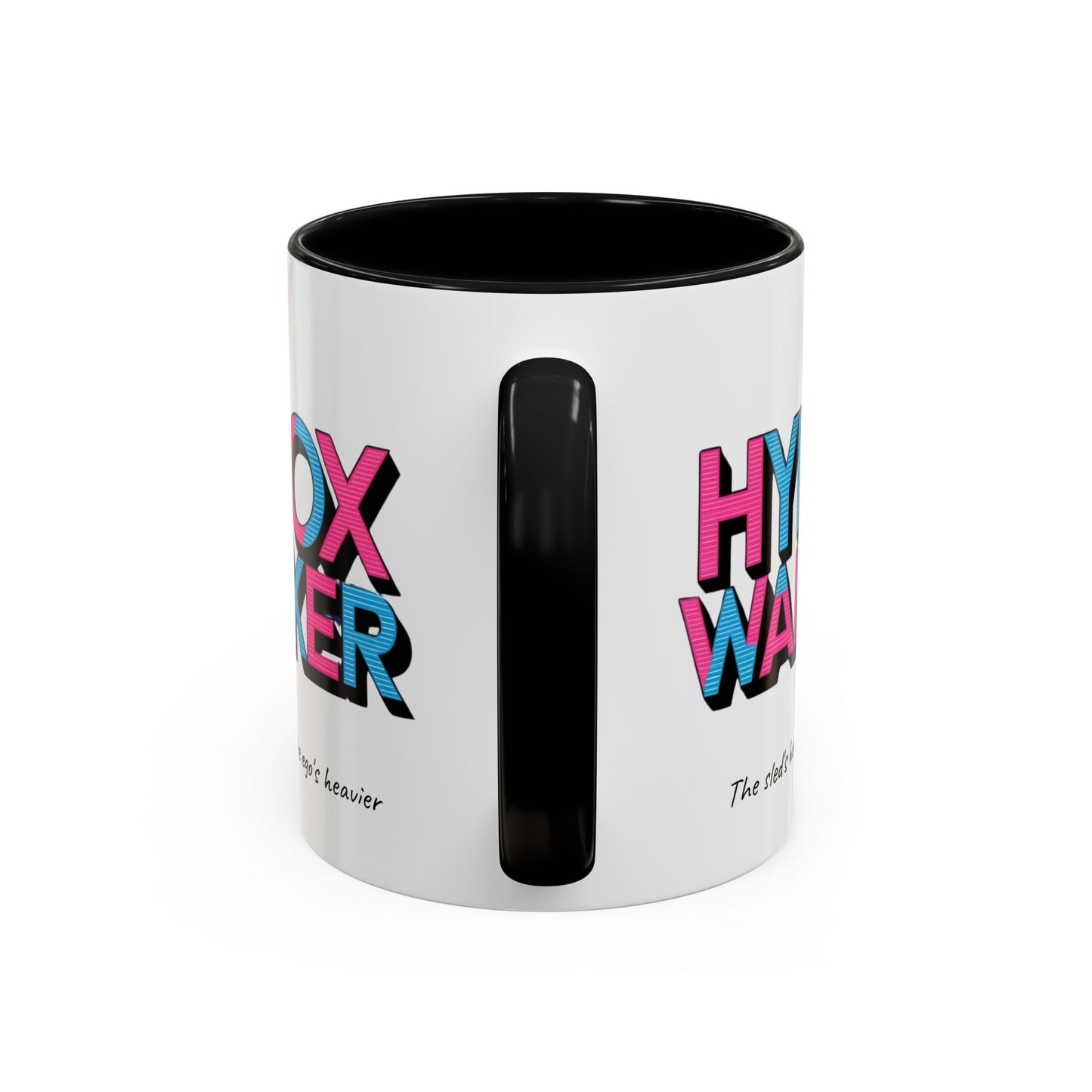 "White/black ceramic mug with humorous HYROX training text about heavy sleds and egos"