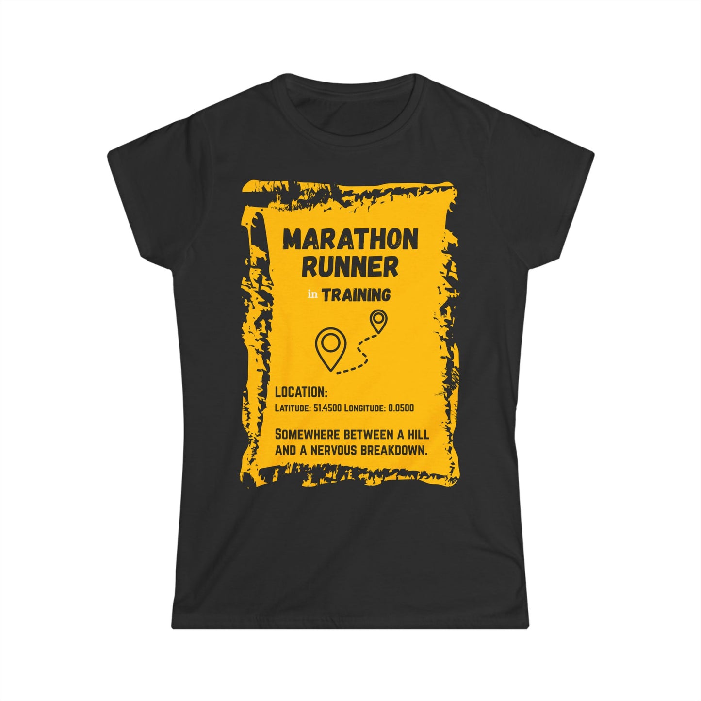 "T-shirt displaying marathon runner's training journey between hills and breakdowns"