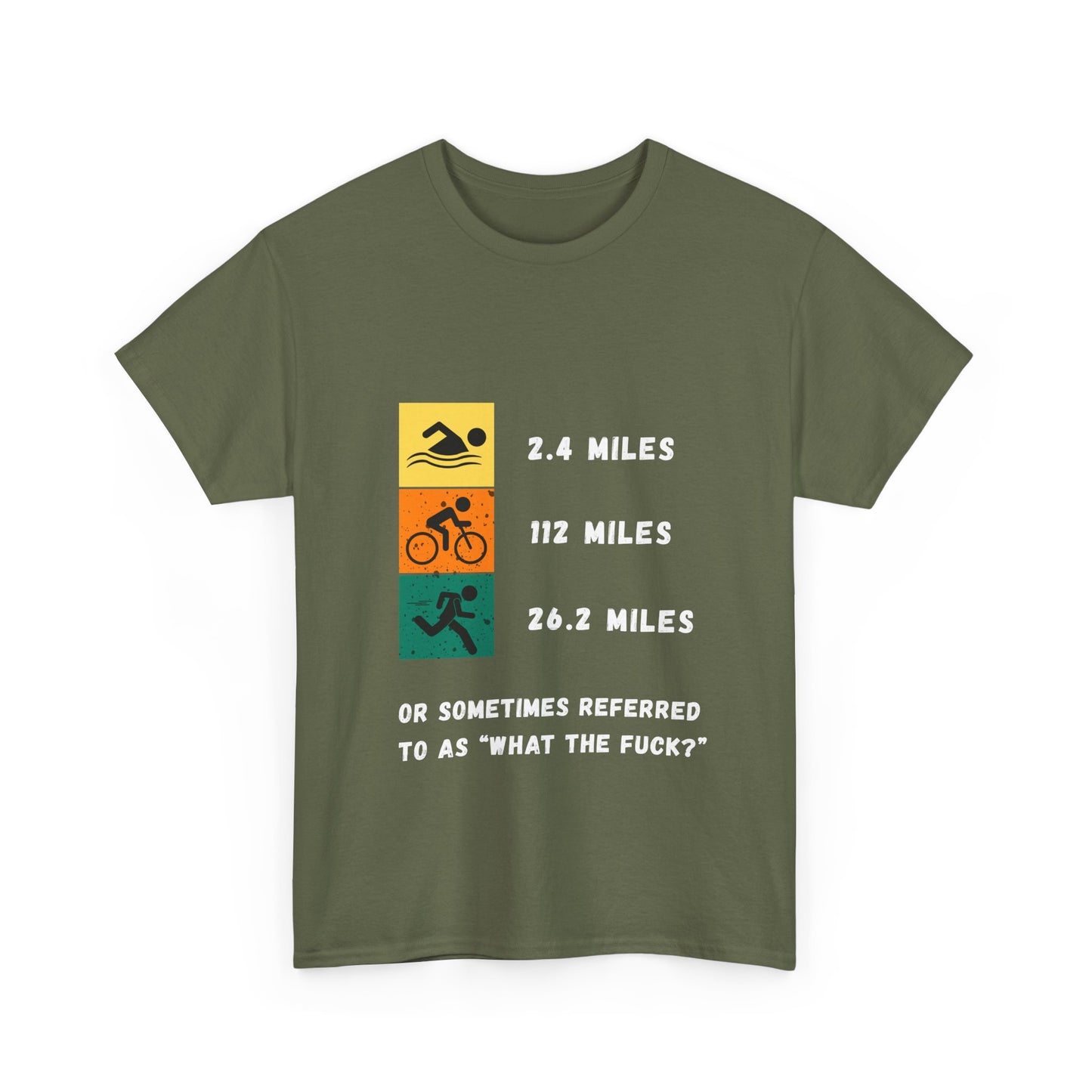 "Triathlon t-shirt with humorous 'WTF' text about Ironman distances - forest green"