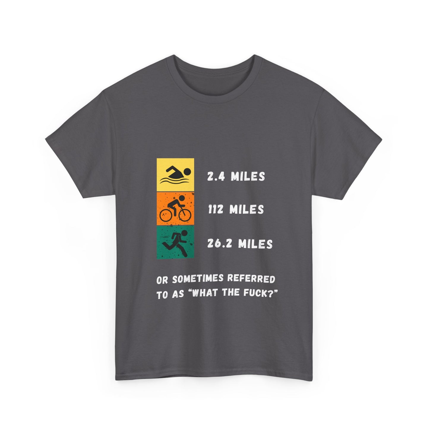 "Triathlon t-shirt with humorous 'WTF' text about Ironman distances - charcoal"