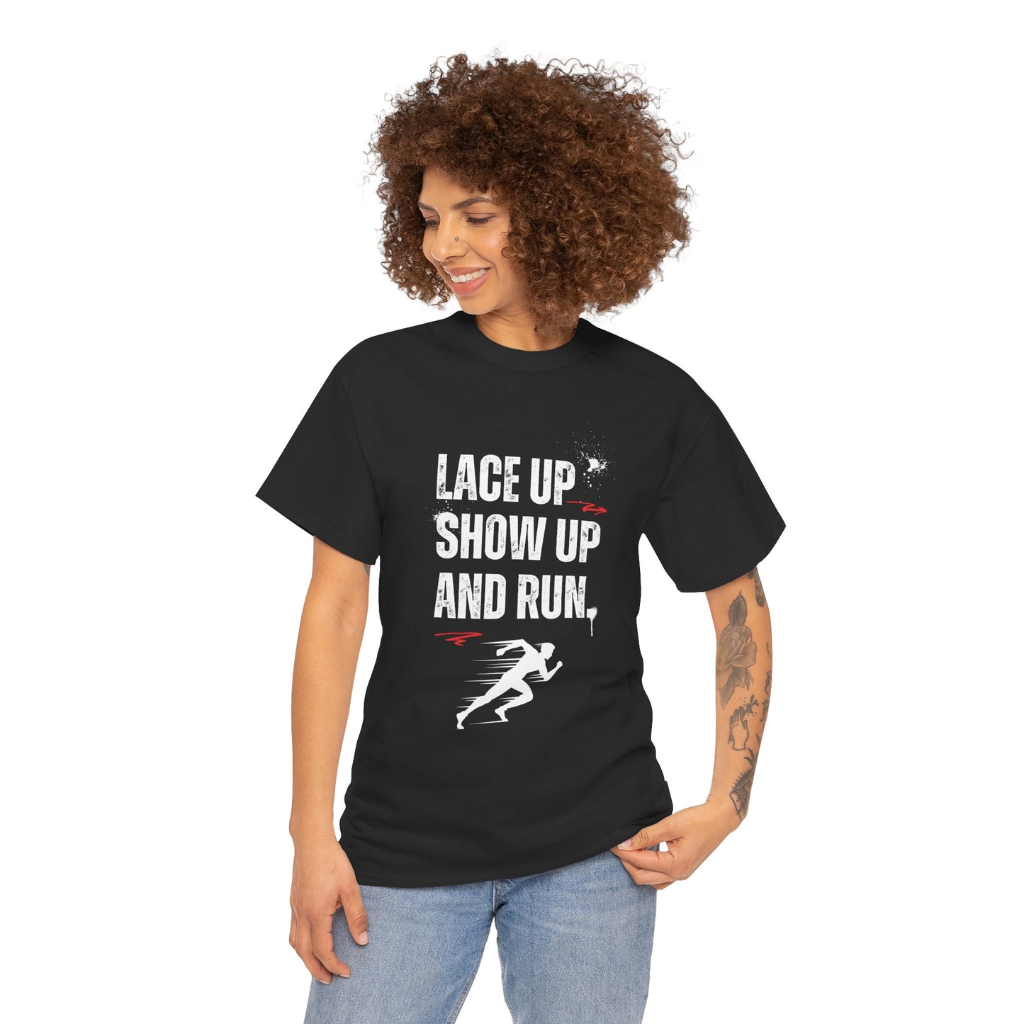 "Unisex classic fit t-shirt with 'Lace Up Show Up and Run' motivational text"