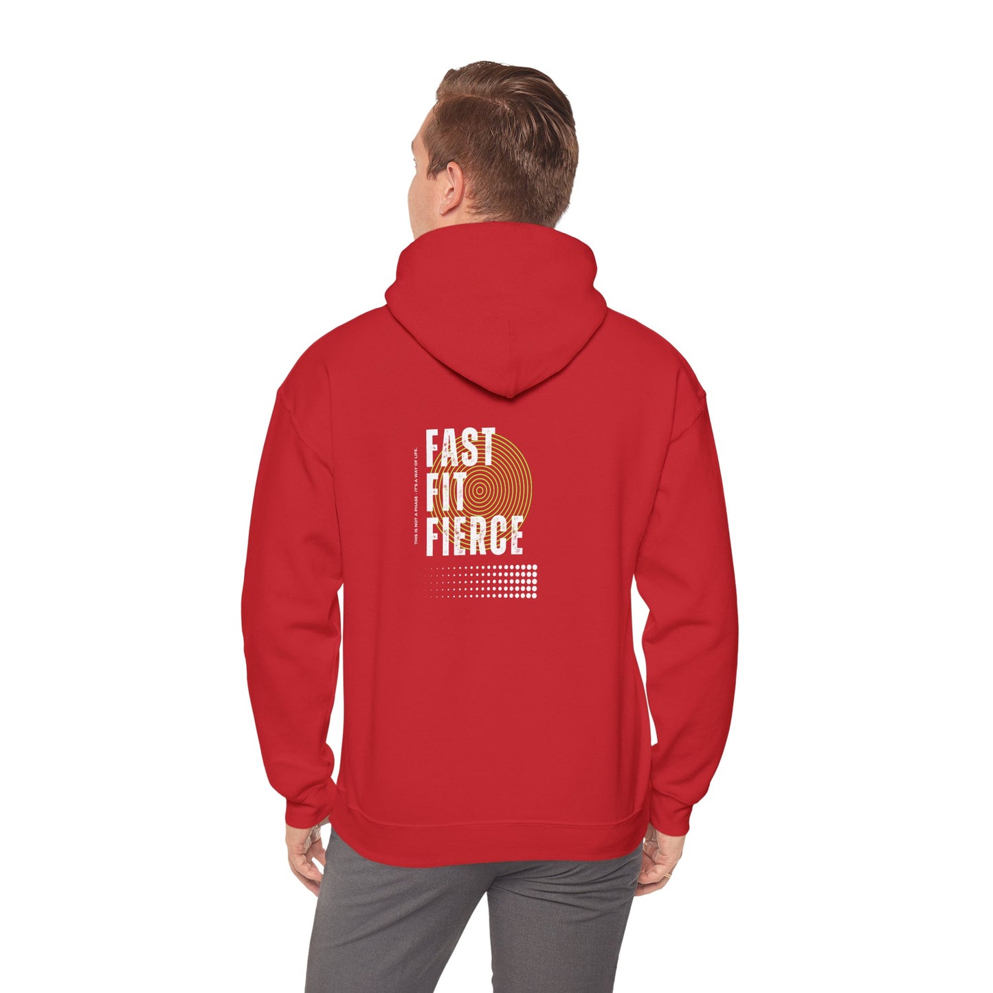 "Unisex heavy blend hoodie with motivational running text for athletes - back view"