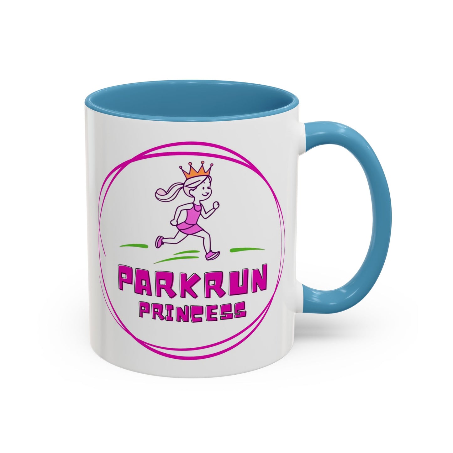 "White ceramic mug with 'Parkrun Princess' text design for running enthusiasts"