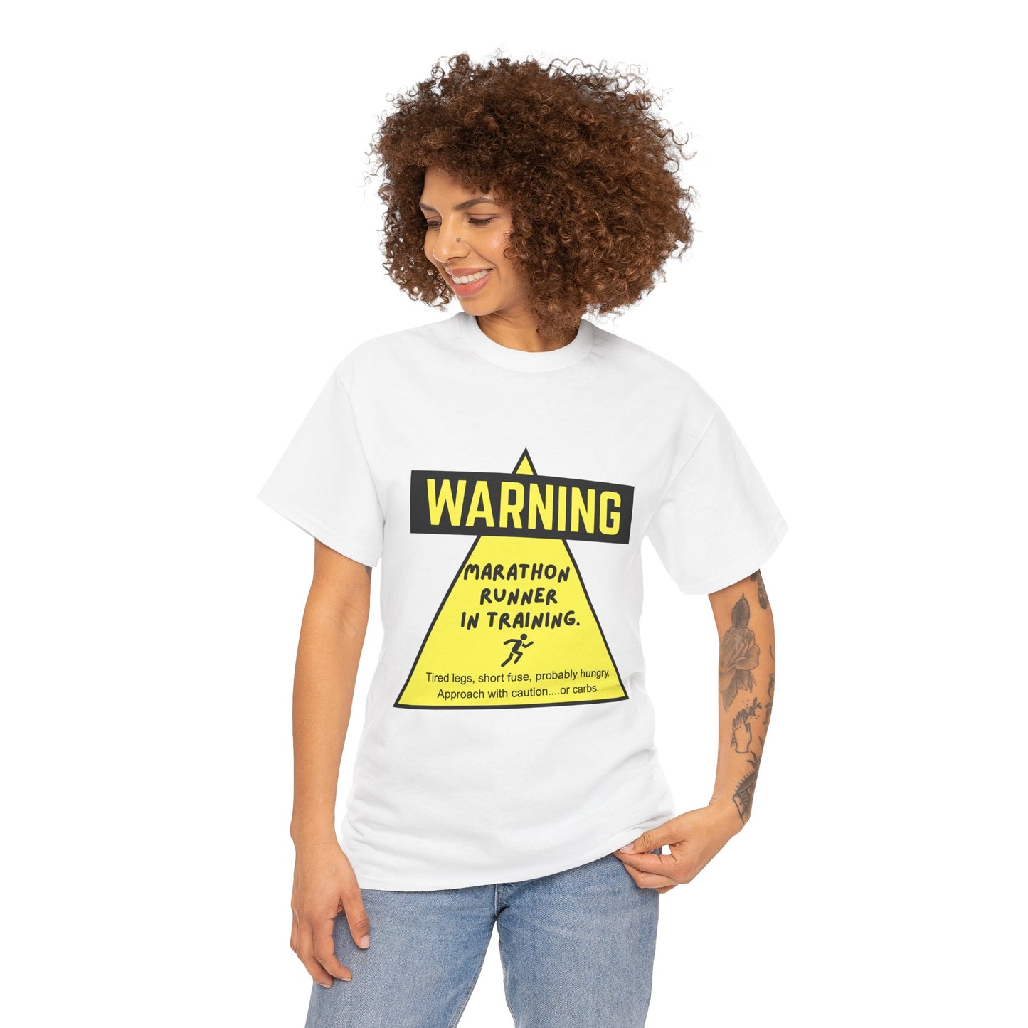 "Unisex t-shirt with warning text about marathon runner in training - tired legs, short fuse, probably hungry"