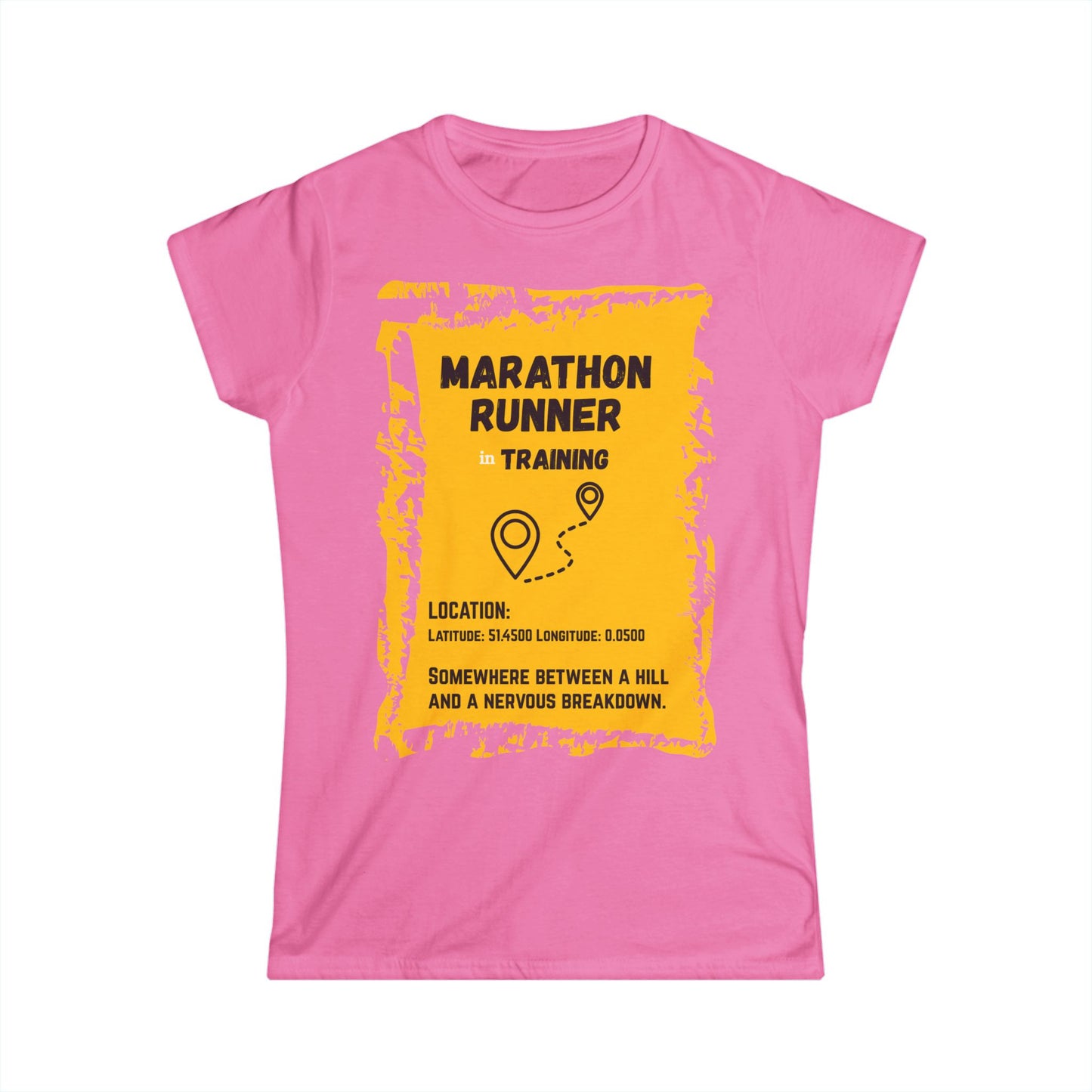 "T-shirt displaying marathon runner's training journey between hills and breakdowns"