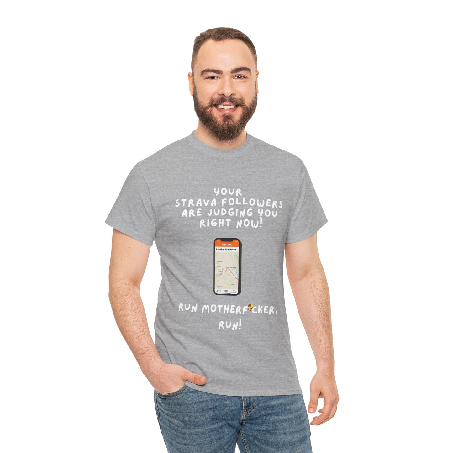 "Classic fit t-shirt with profanity-laced Strava motivation text for runners - grey"
