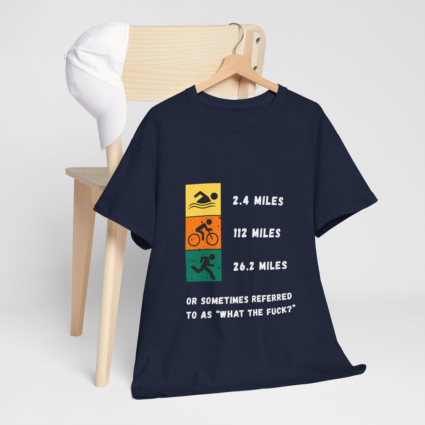"Triathlon t-shirt with humorous 'WTF' text about Ironman distances - navy"
