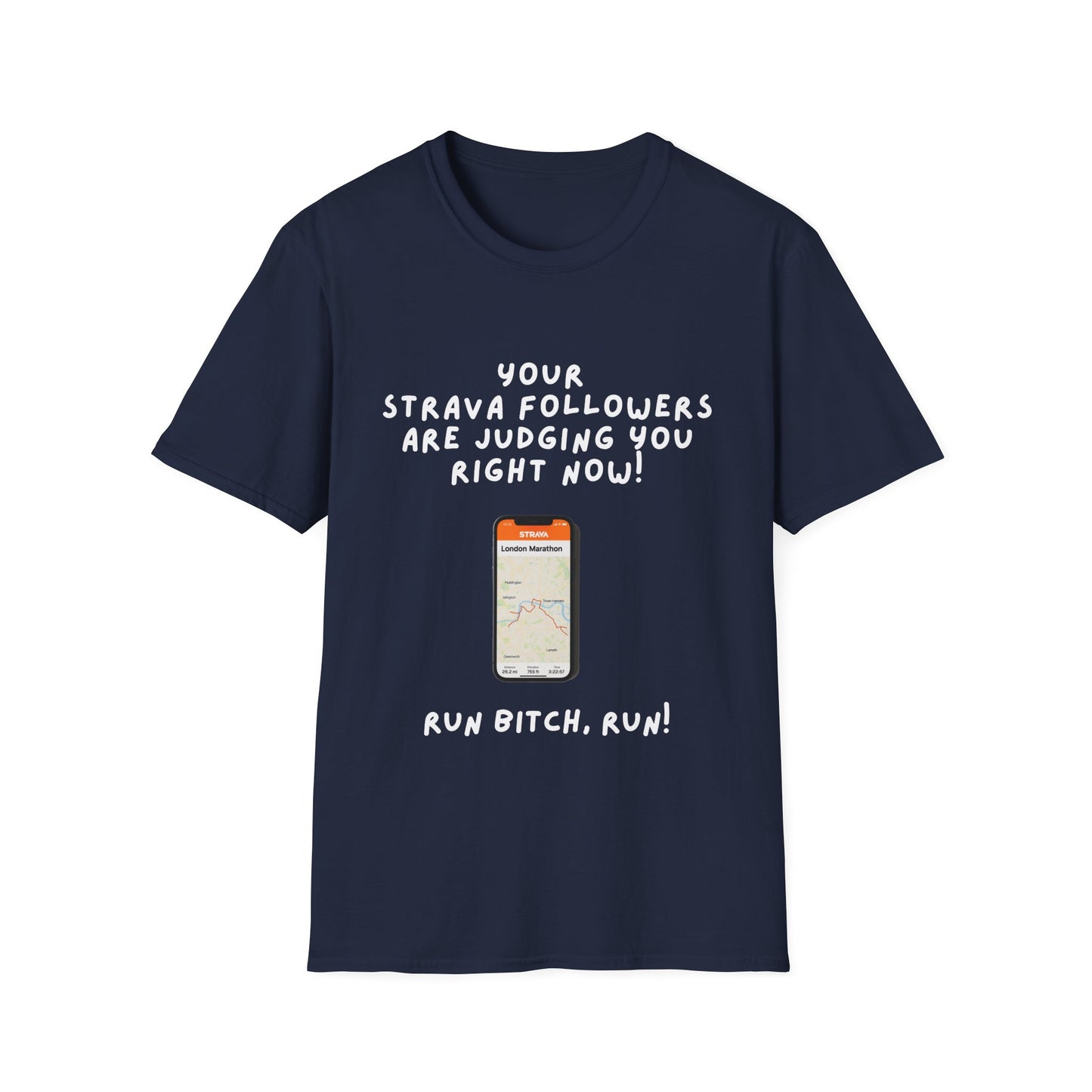 "Soft style t-shirt with humorous Strava motivation text for runners - navy"