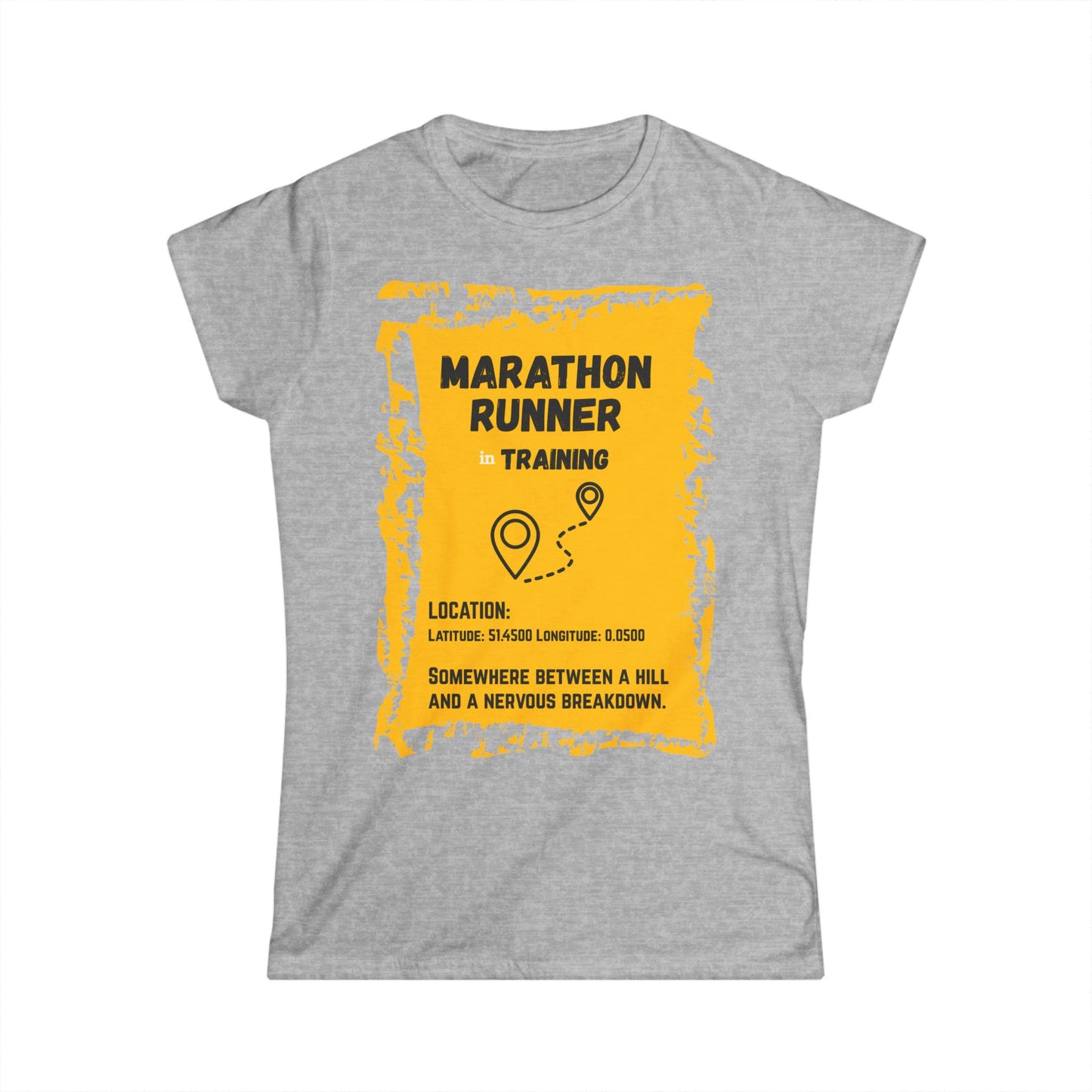 "T-shirt displaying marathon runner's training journey between hills and breakdowns"