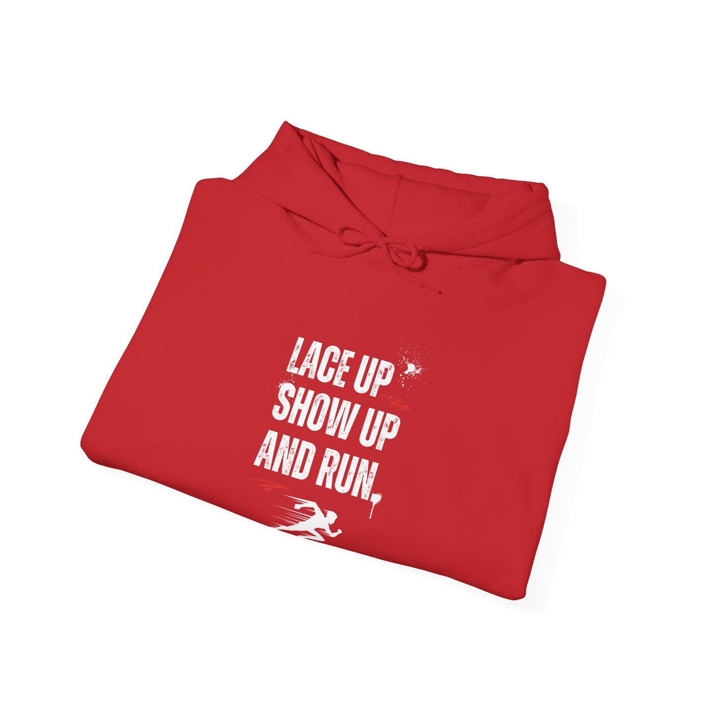 "Unisex heavy blend hoodie with motivational running text for athletes - red folded view"
