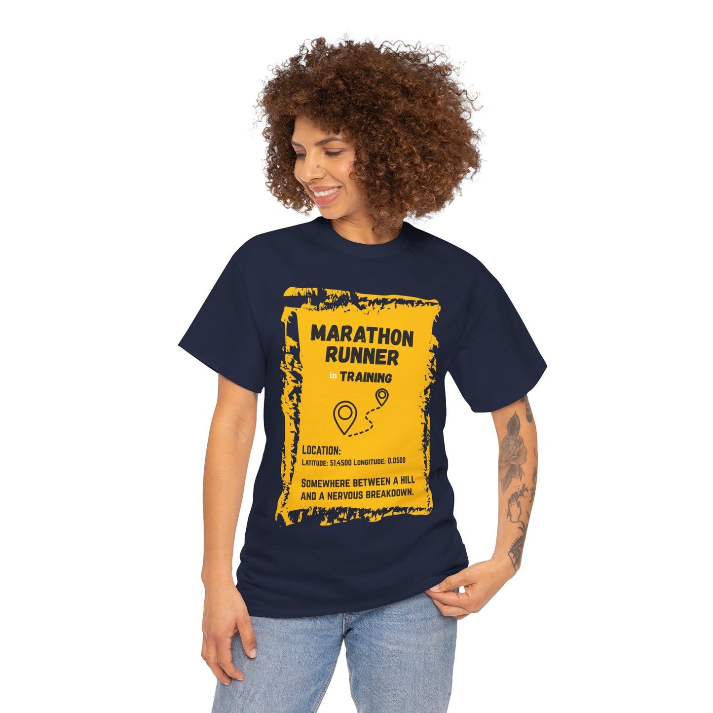 "Unisex classic fit t-shirt with humorous marathon training text about hills and breakdowns"