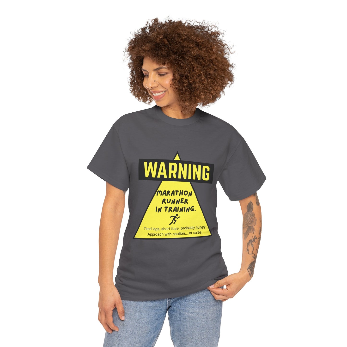 "Unisex t-shirt with warning text about marathon runner in training - tired legs, short fuse, probably hungry"