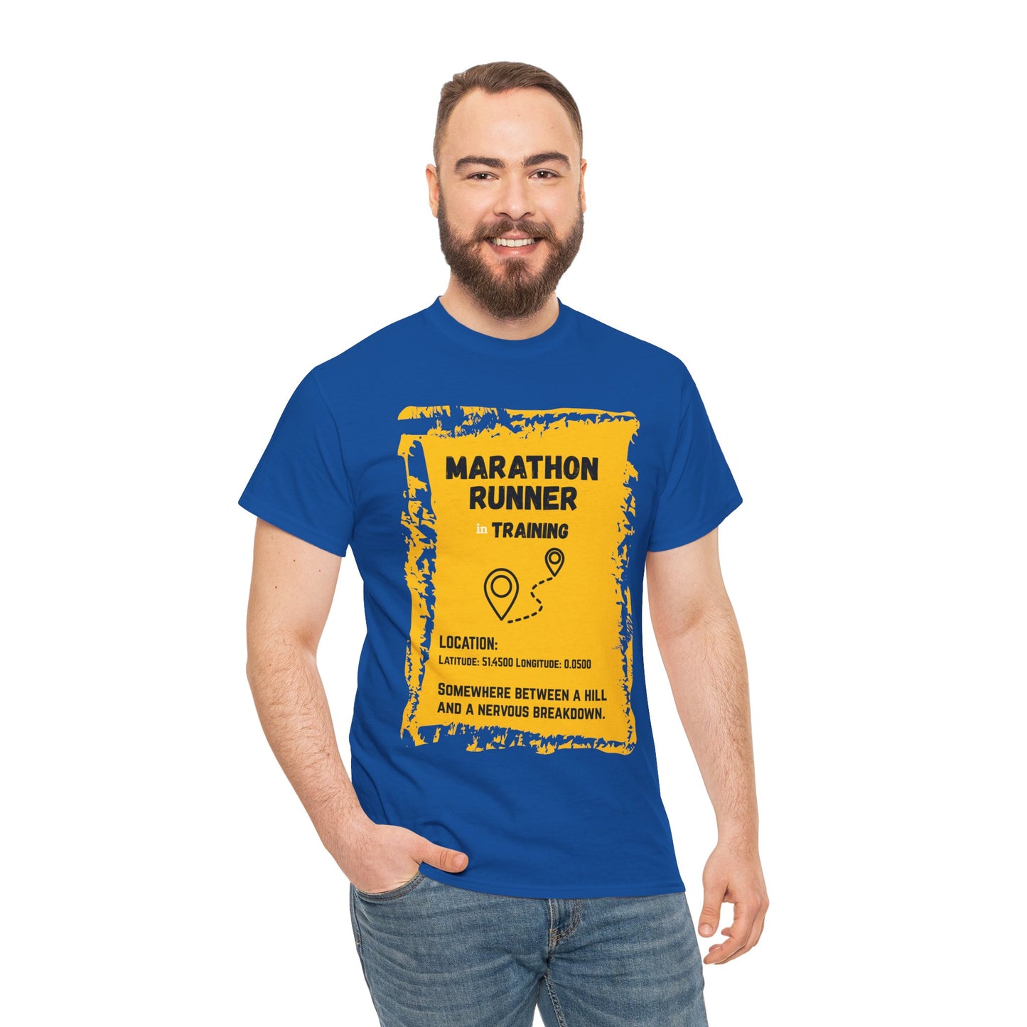 "Unisex classic fit t-shirt with humorous marathon training text about hills and breakdowns"