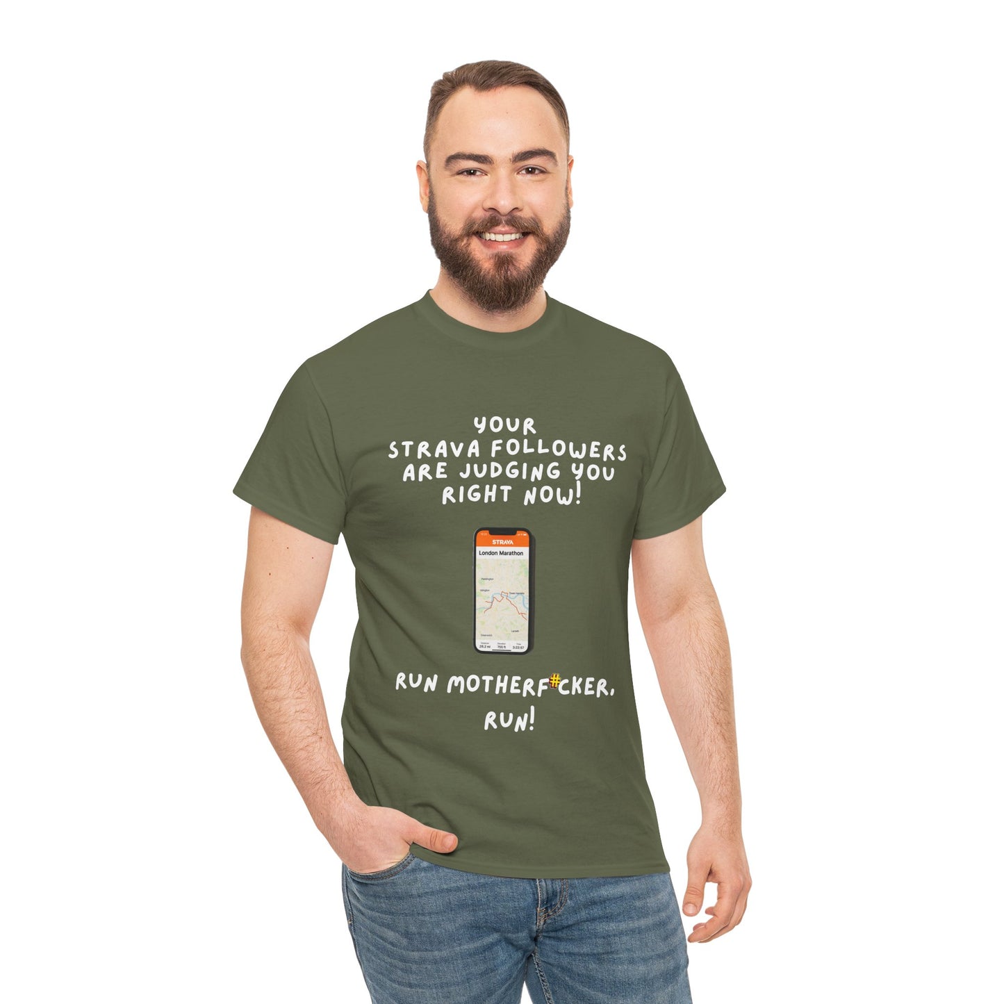 "Classic fit t-shirt with profanity-laced Strava motivation text for runners - forest green"