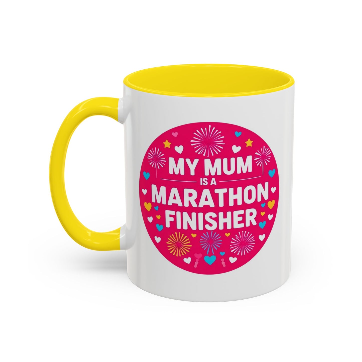 "White ceramic mug with 'Marathon Finisher Mum' text celebrating running mothers"