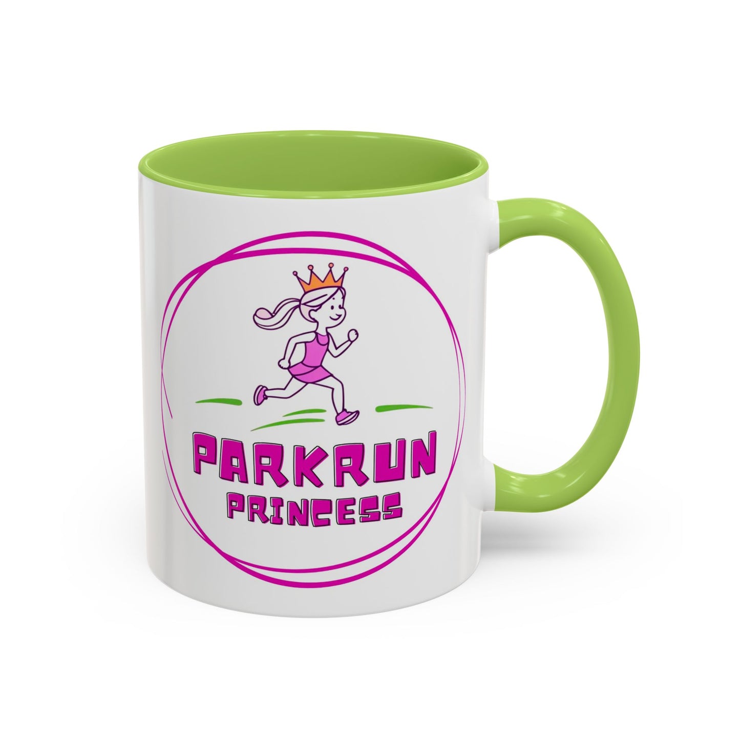 "White ceramic mug with 'Parkrun Princess' text design for running enthusiasts"