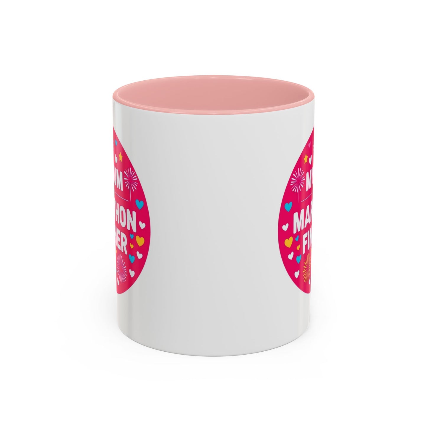 "Marathon Finisher Mum mug side view showing inspirational text design"