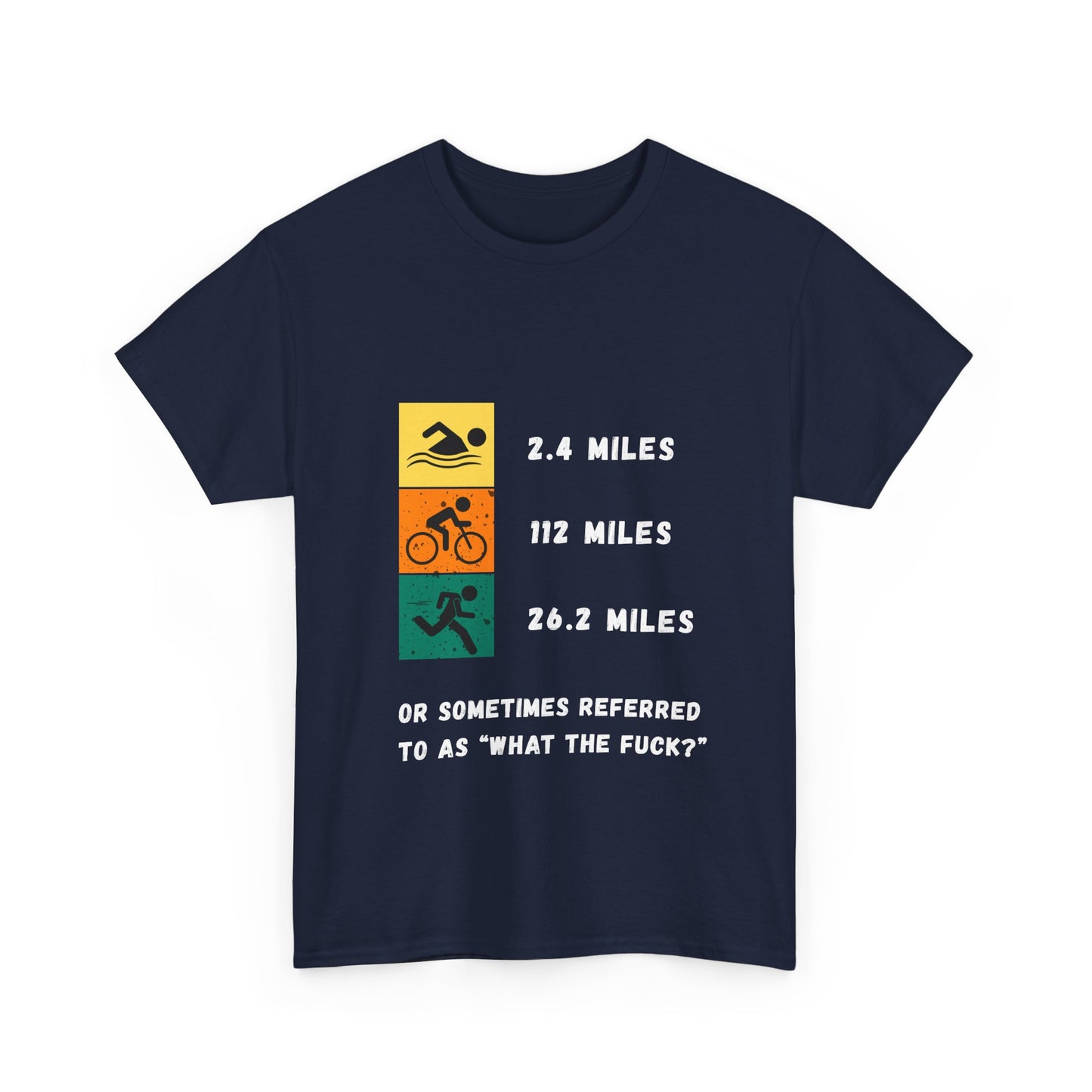 "Triathlon t-shirt with humorous 'WTF' text about Ironman distances - navy"