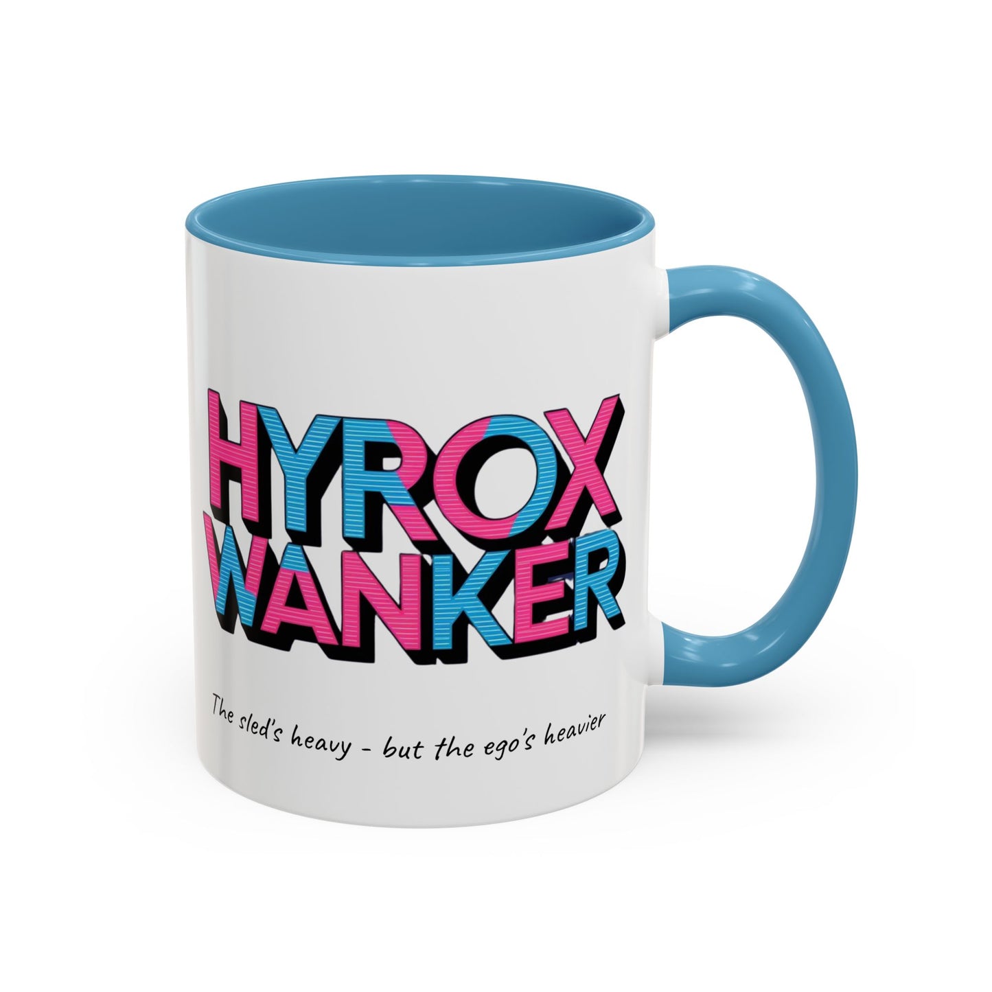 "White / blue ceramic mug with humorous HYROX training text about heavy sleds and egos"