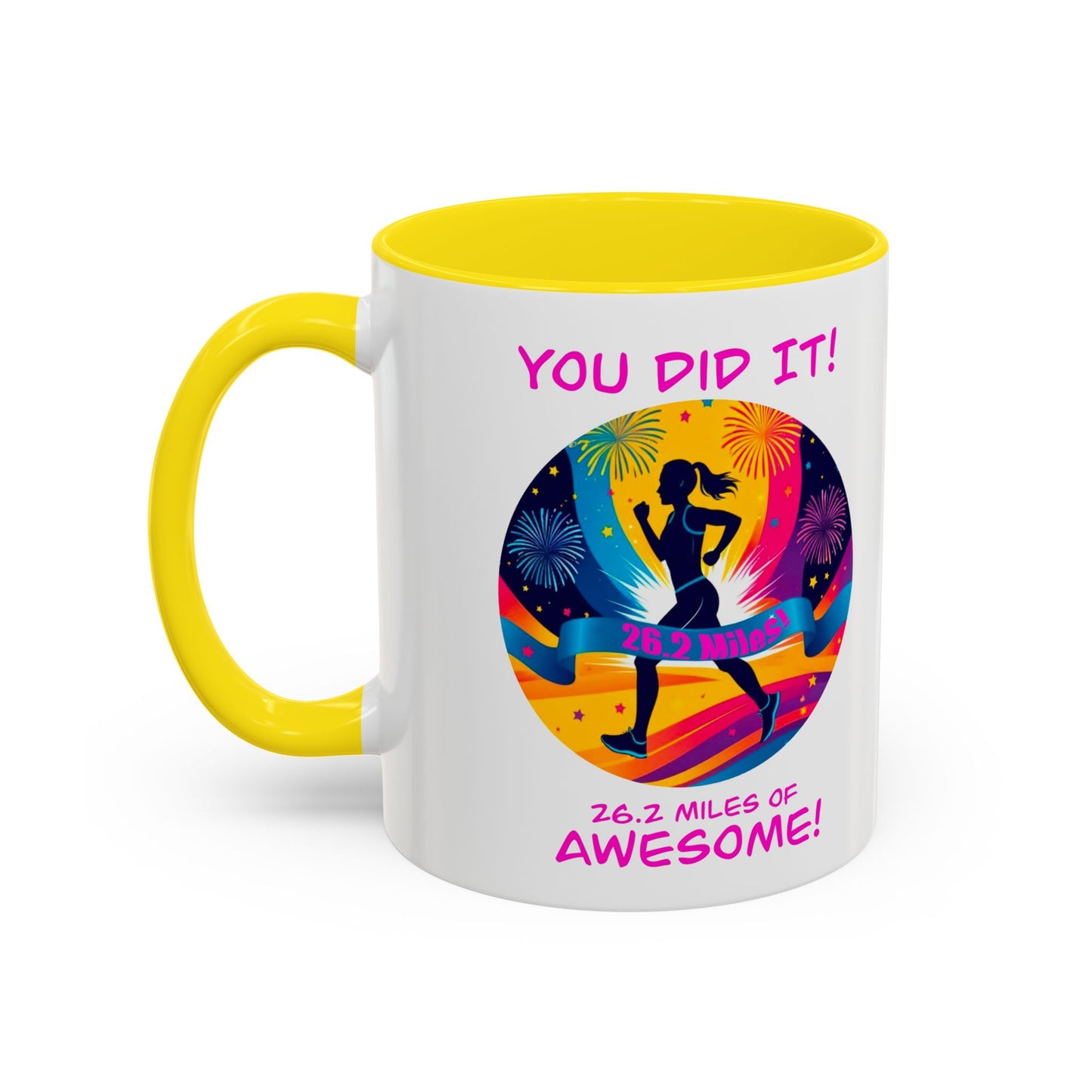 Yellow / white contrast Marathon finisher coffee mug with inspirational finish line design"