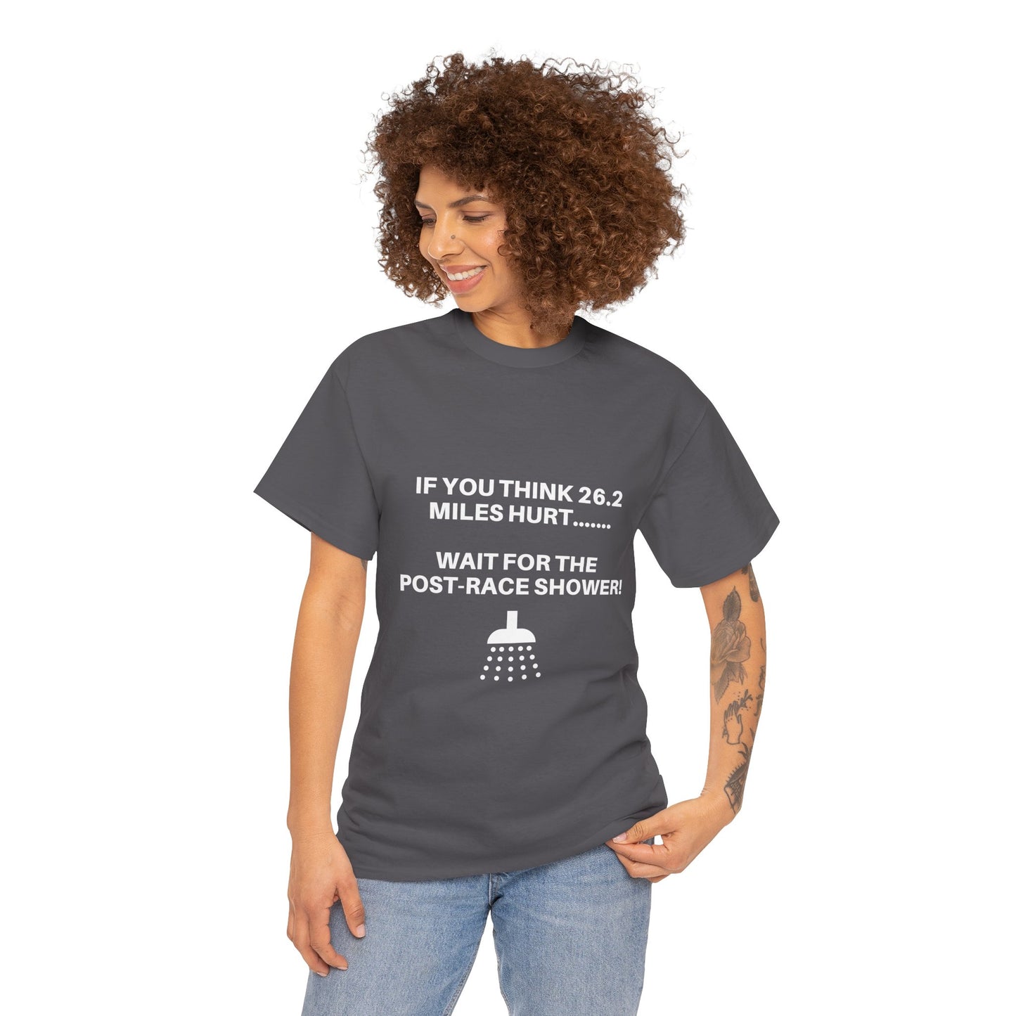 "Cotton tee featuring funny post-marathon shower warning"