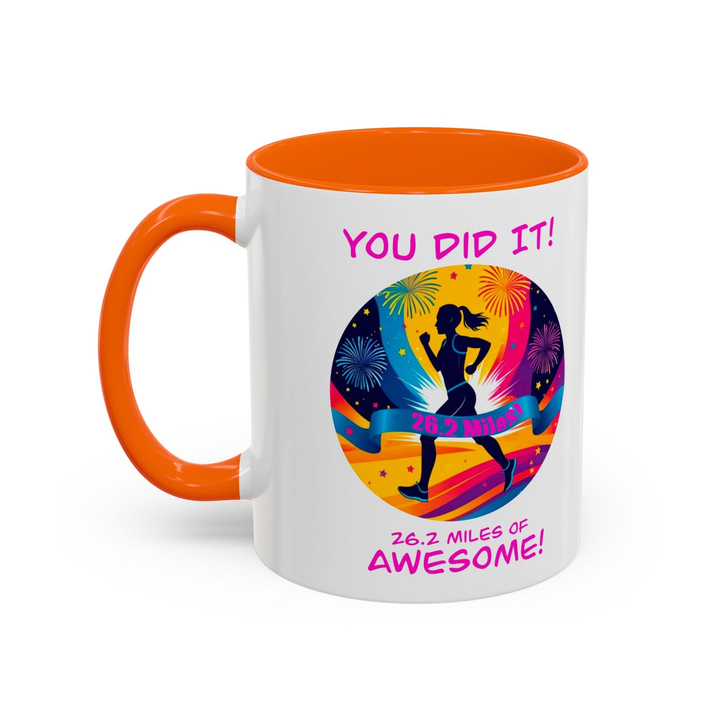 Orange / white contrast Marathon finisher coffee mug with inspirational finish line design"