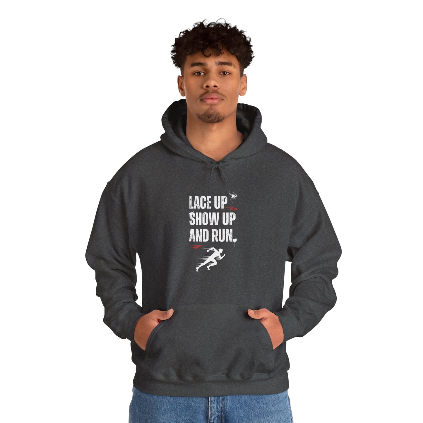"Unisex heavy blend hoodie with motivational running text for athletes "