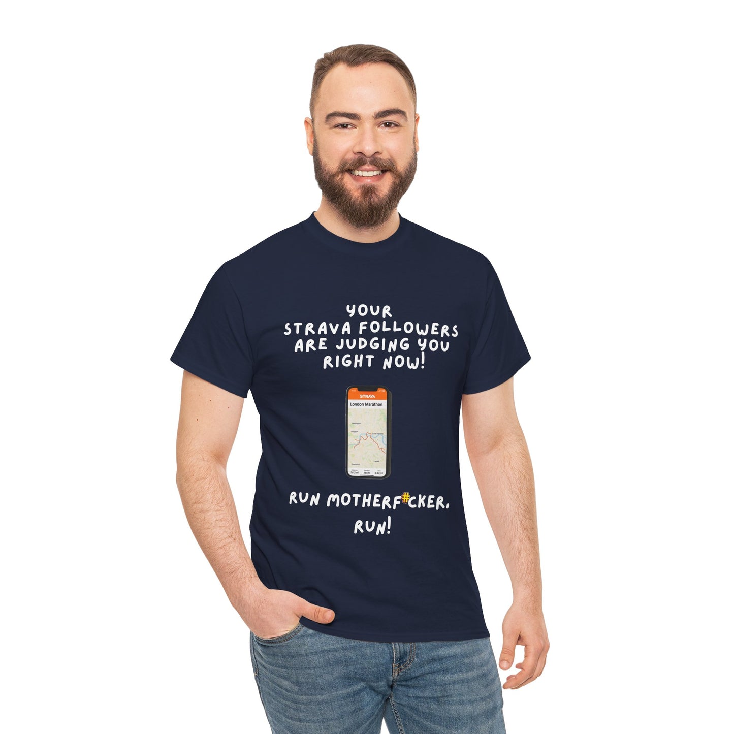 "Classic fit t-shirt with profanity-laced Strava motivation text for runners - navy"