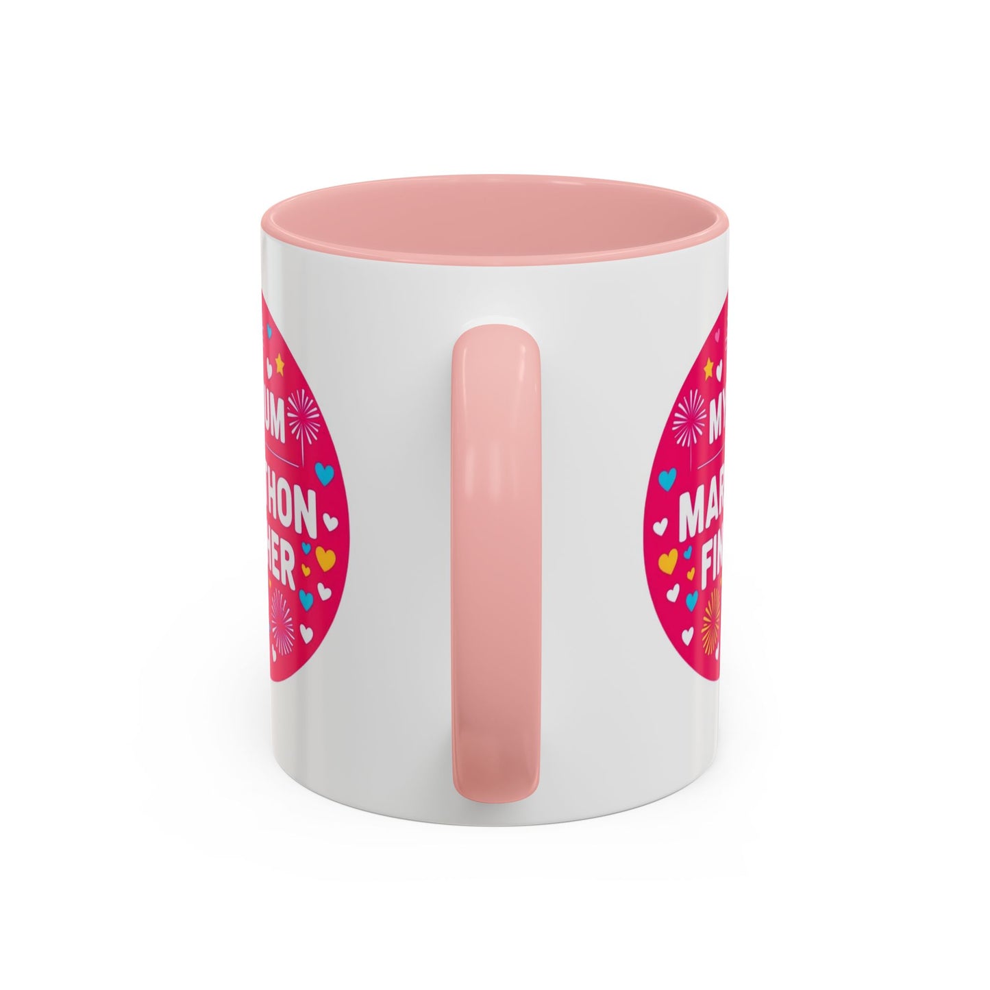 "Marathon Finisher Mum mug side view showing inspirational text design"