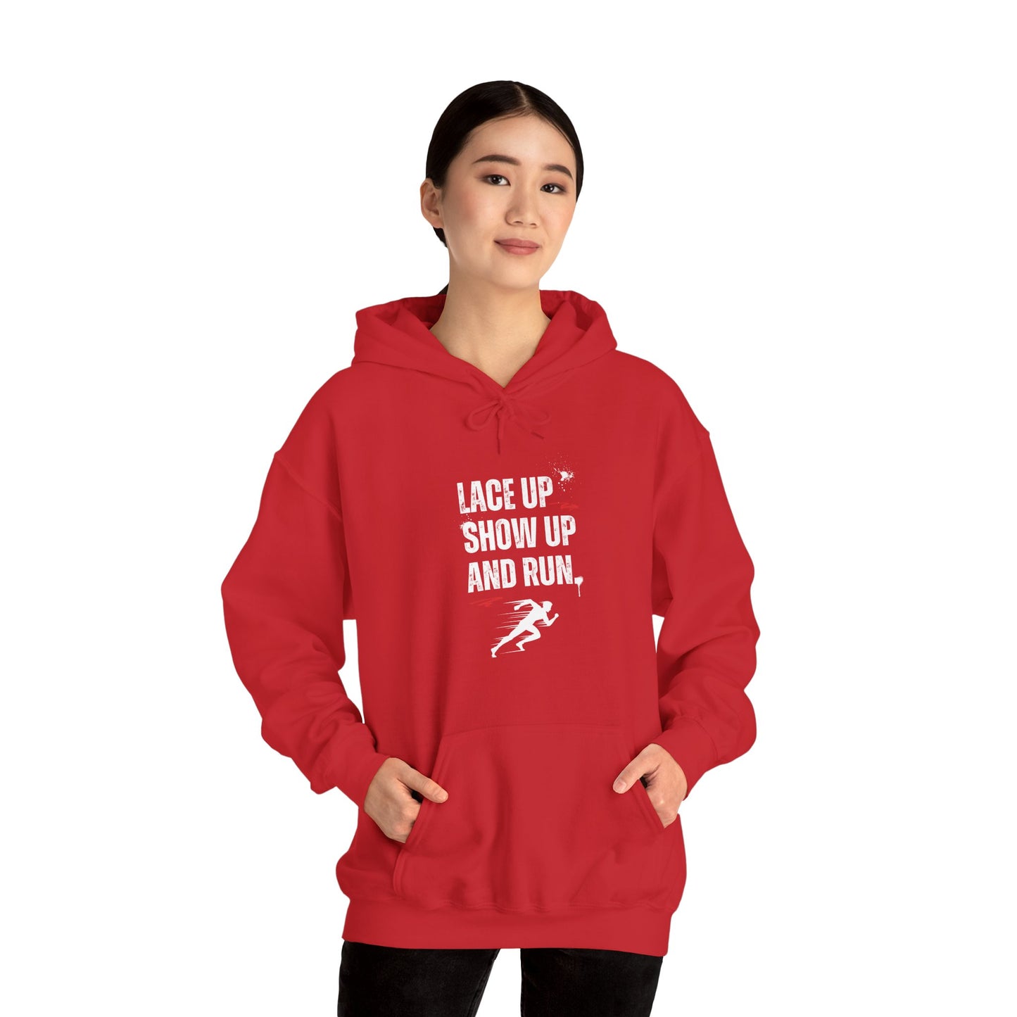 "Unisex heavy blend hoodie with motivational running text for athletes - red"