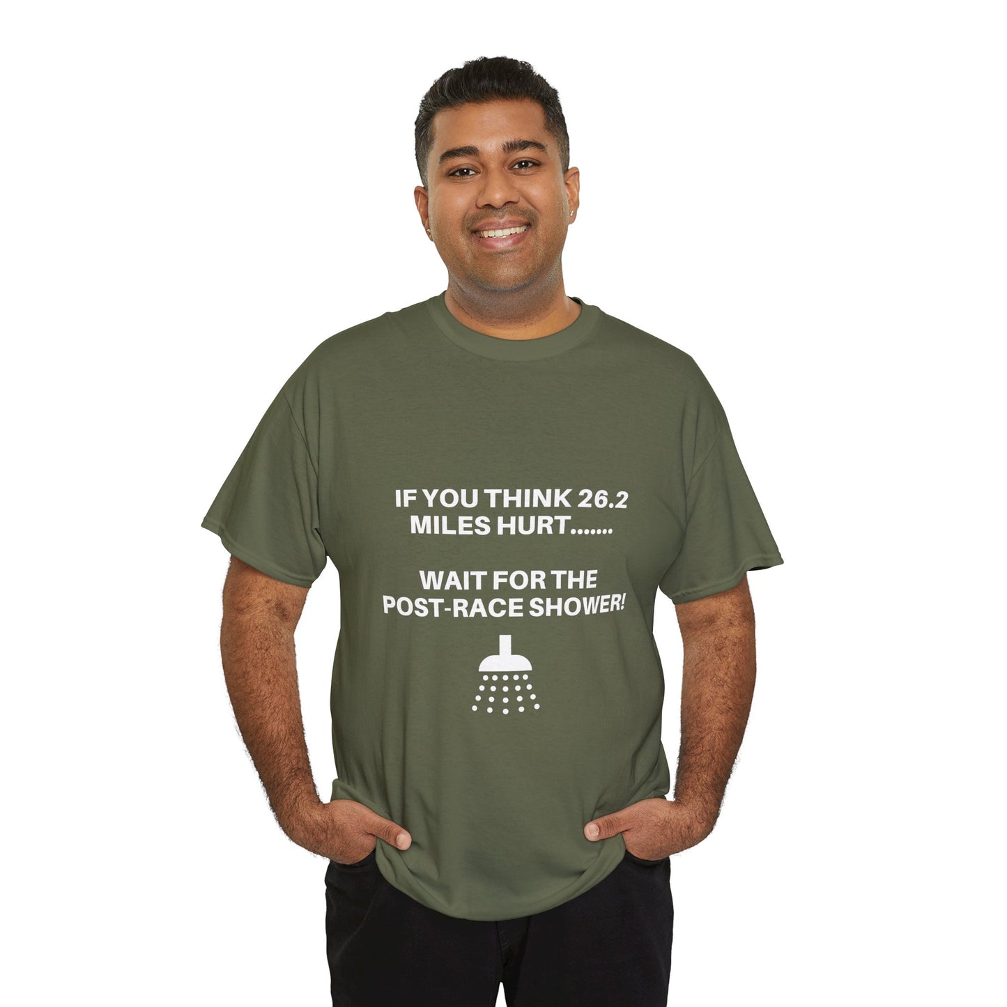"Cotton tee featuring funny post-marathon shower warning"