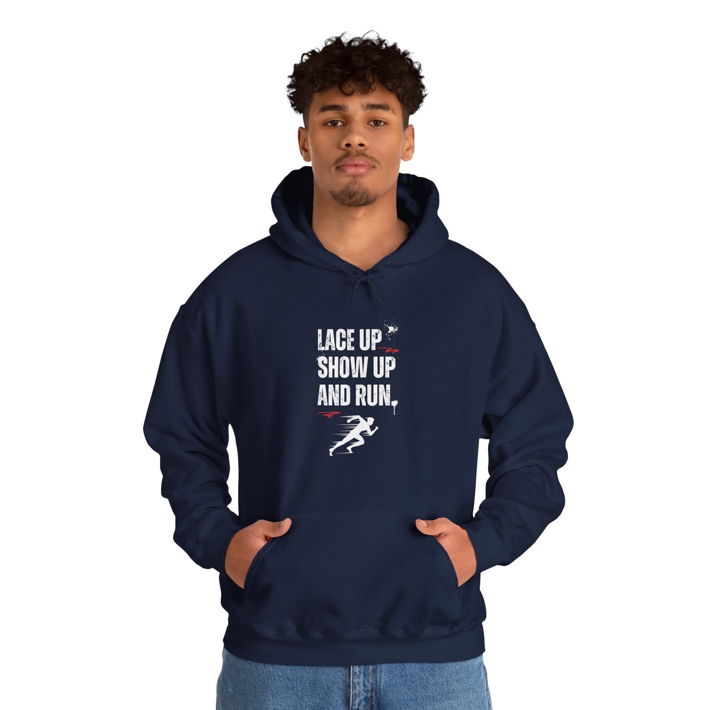 "Unisex heavy blend hoodie with motivational running text for athletes - navy"