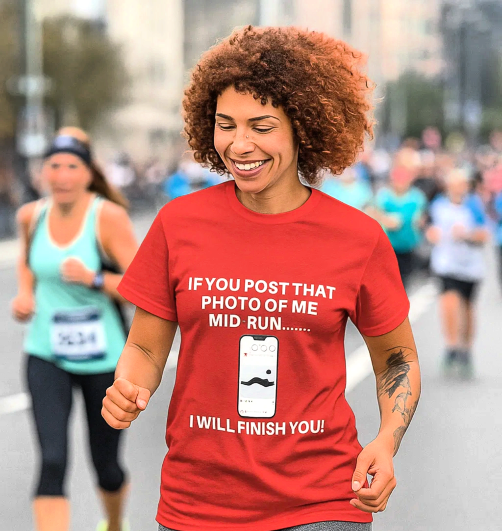 "Unisex classic fit t-shirt with humorous mid-run photo threat text"