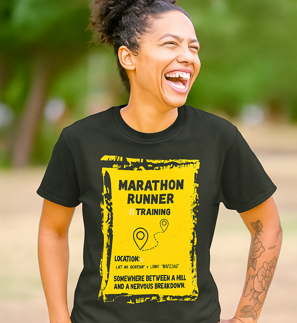 "Unisex classic fit t-shirt with humorous marathon training text about hills and breakdowns"